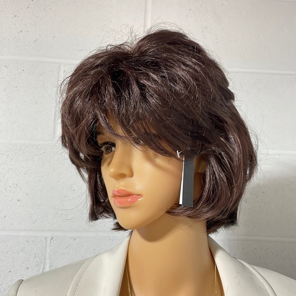 NWT 11” dark brown wig natural puff volume thick top layers adjustable bangs - Picture 2 of 16